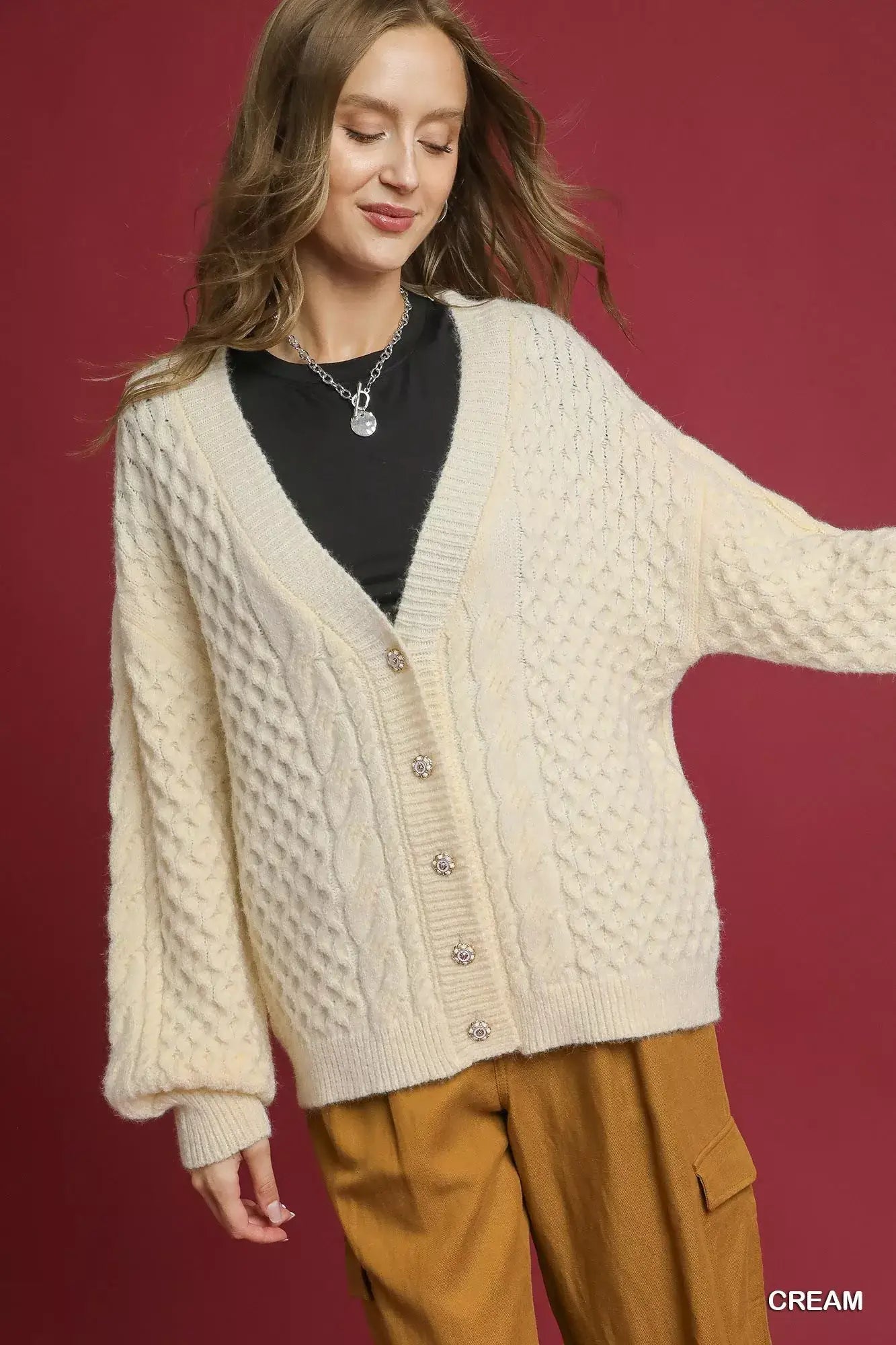 Umgee Cable Knit Pearl Button Cardigan - CREAM / S - Knit Pearl Button Cardigan