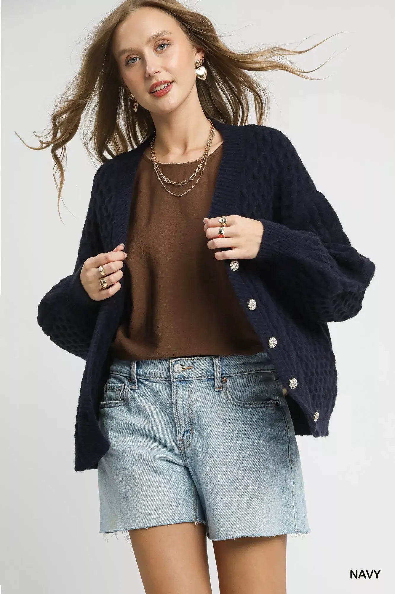 Umgee Cable Knit Pearl Button Cardigan - NAVY / S - Cardigan