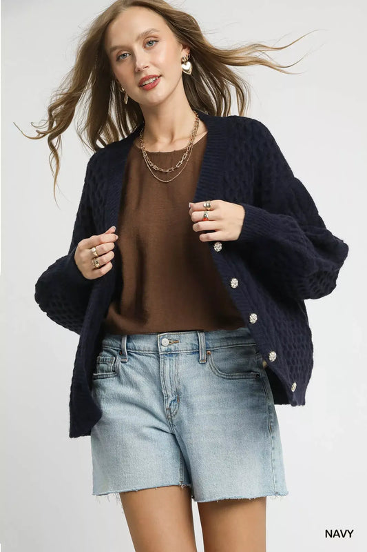 Umgee Cable Knit Pearl Button Cardigan - NAVY / S - Cardigan