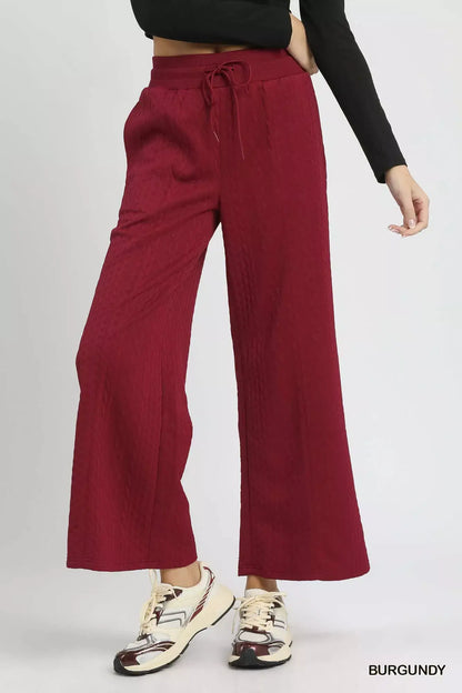 Umgee Cable Knit Textured Wide Leg Pants - BURGUNDY / XS