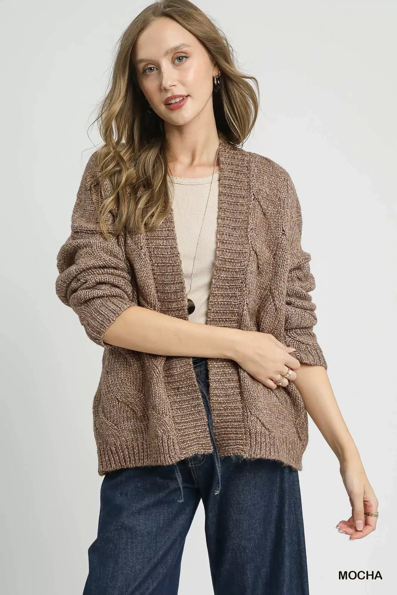 Umgee Chunky Cable Knit Open Front Cardigan