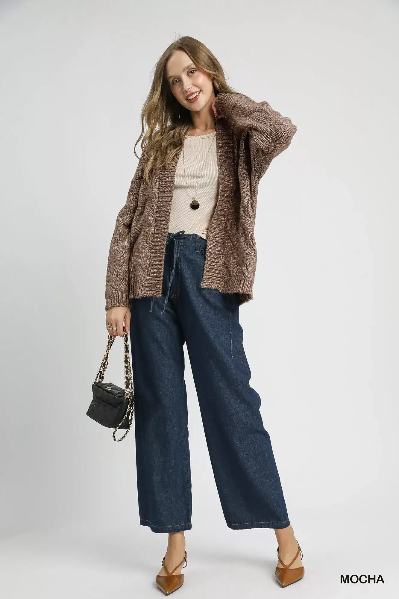 Umgee Chunky Cable Knit Open Front Cardigan