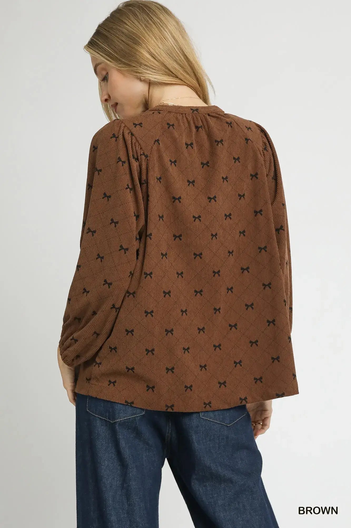Umgee Corduroy Bow Print Balloon Sleeve Blouse - Balloon Sleeve Blouse