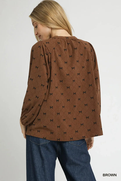 Umgee Corduroy Bow Print Balloon Sleeve Blouse - Balloon Sleeve Blouse