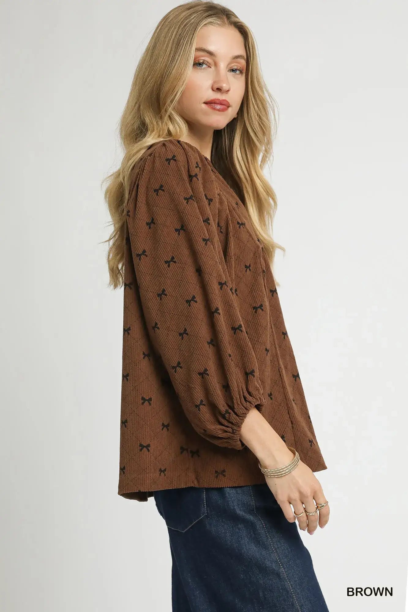 Umgee Corduroy Bow Print Balloon Sleeve Blouse - Balloon Sleeve Blouse