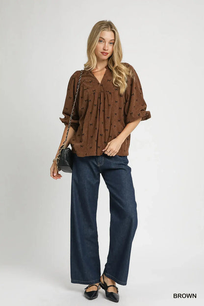 Umgee Corduroy Bow Print Balloon Sleeve Blouse - Balloon Sleeve Blouse