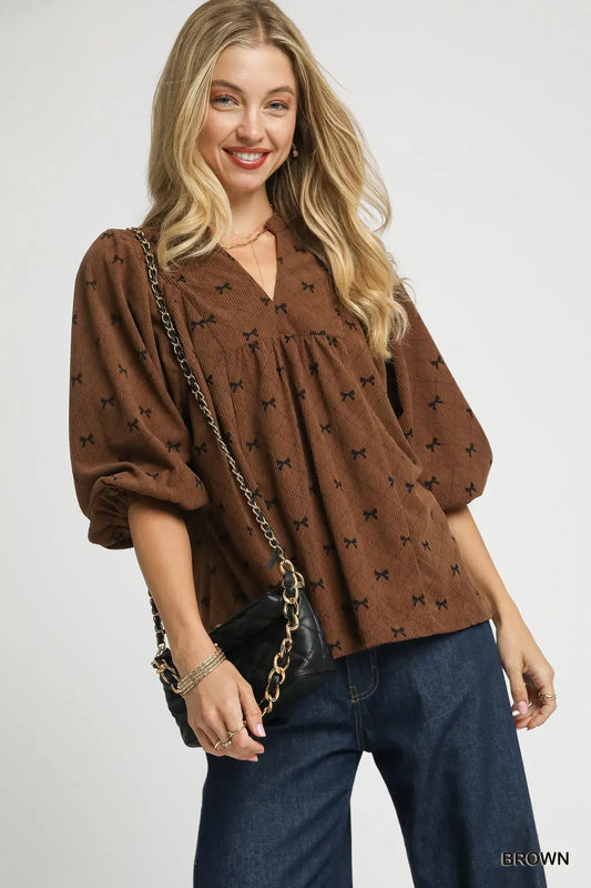 Umgee Corduroy Bow Print Balloon Sleeve Blouse - Brown / S - Balloon Sleeve Blouse