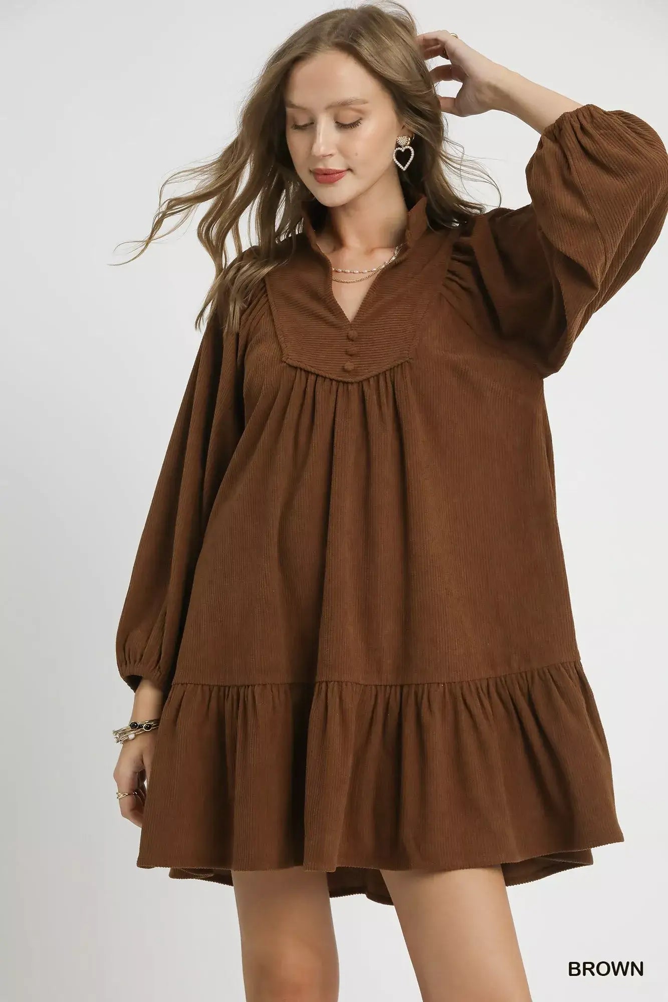 Umgee Corduroy Tiered Babydoll Dress - Brown / S