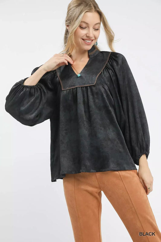 Umgee Crinkle Brocade Long Sleeve Blouse - Black / S