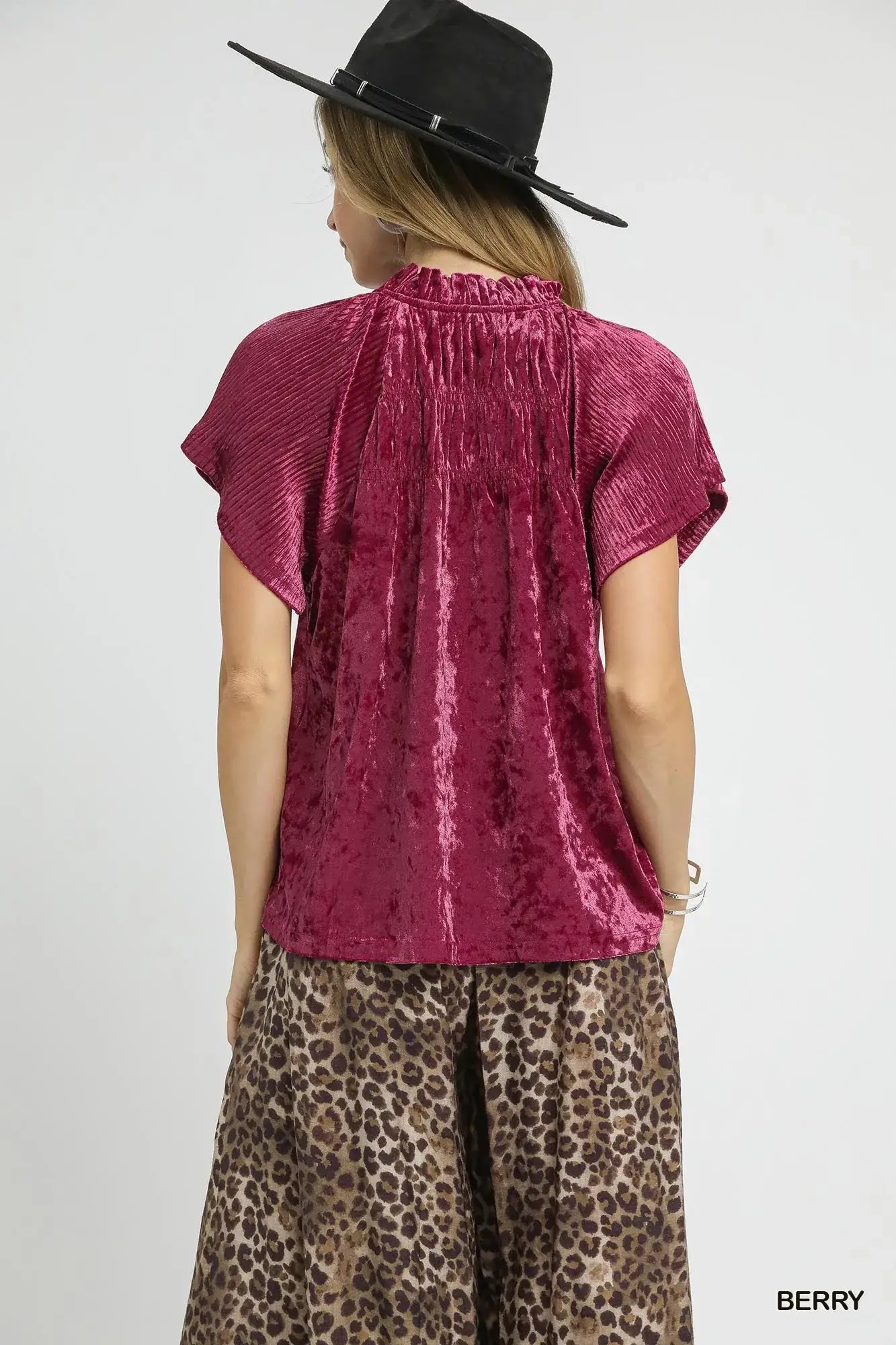 Umgee Crushed Velvet Pleated Blouse - Pleated Blouse