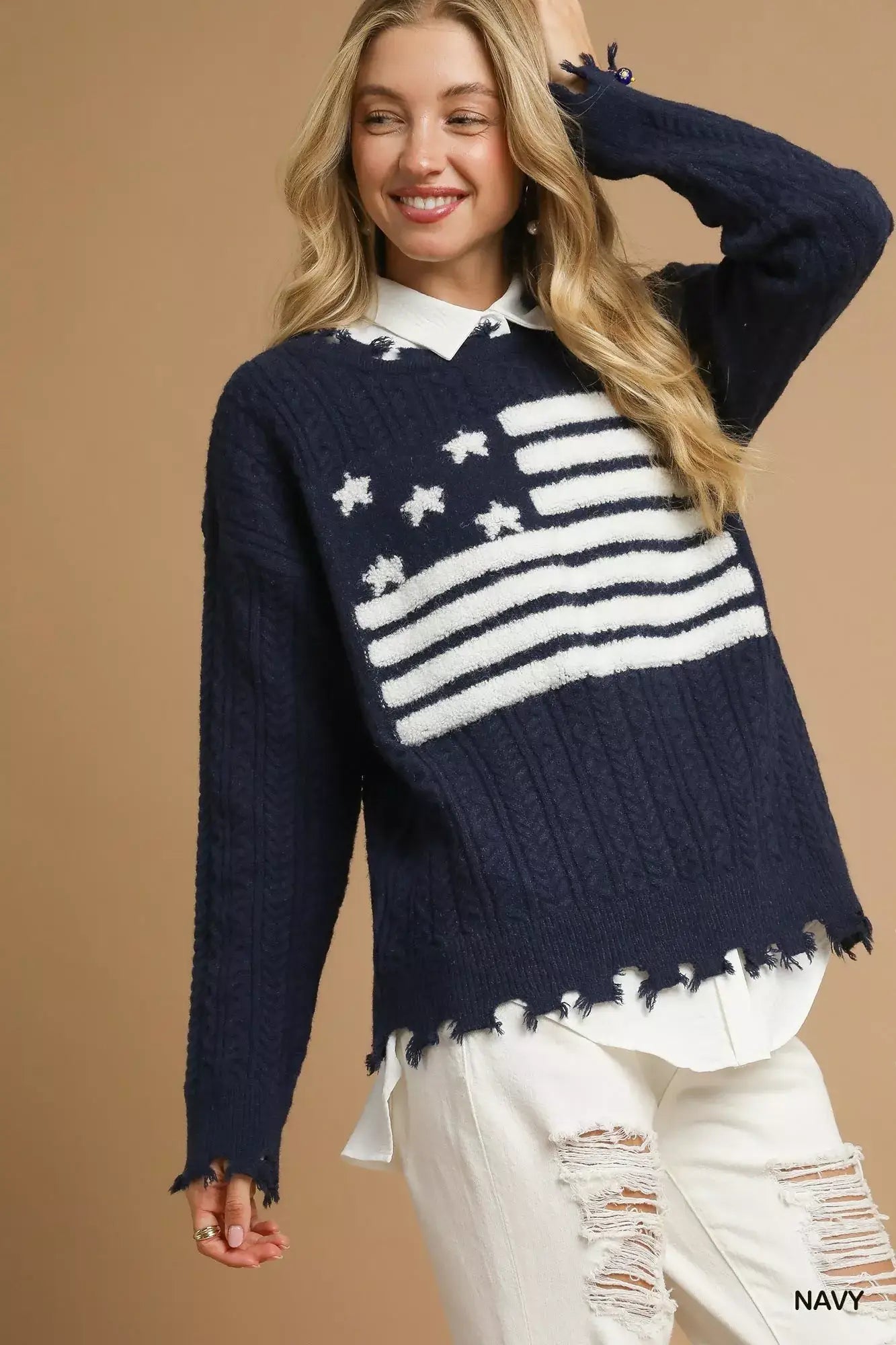 Umgee Distressed American Flag Sweater