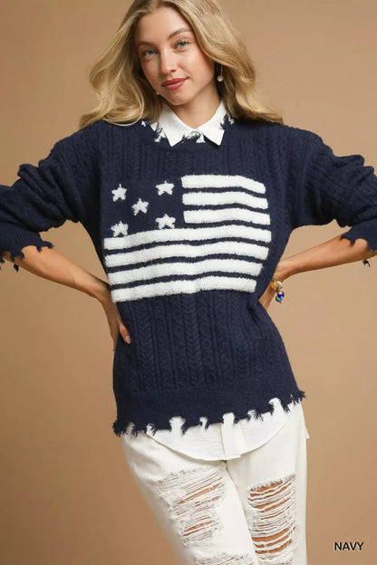 Umgee Distressed American Flag Sweater