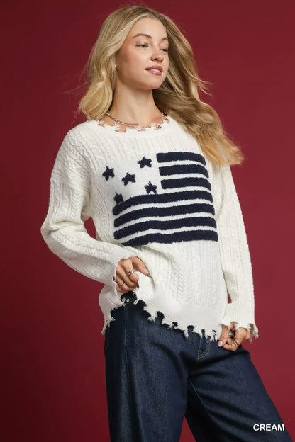 Umgee Distressed American Flag Sweater