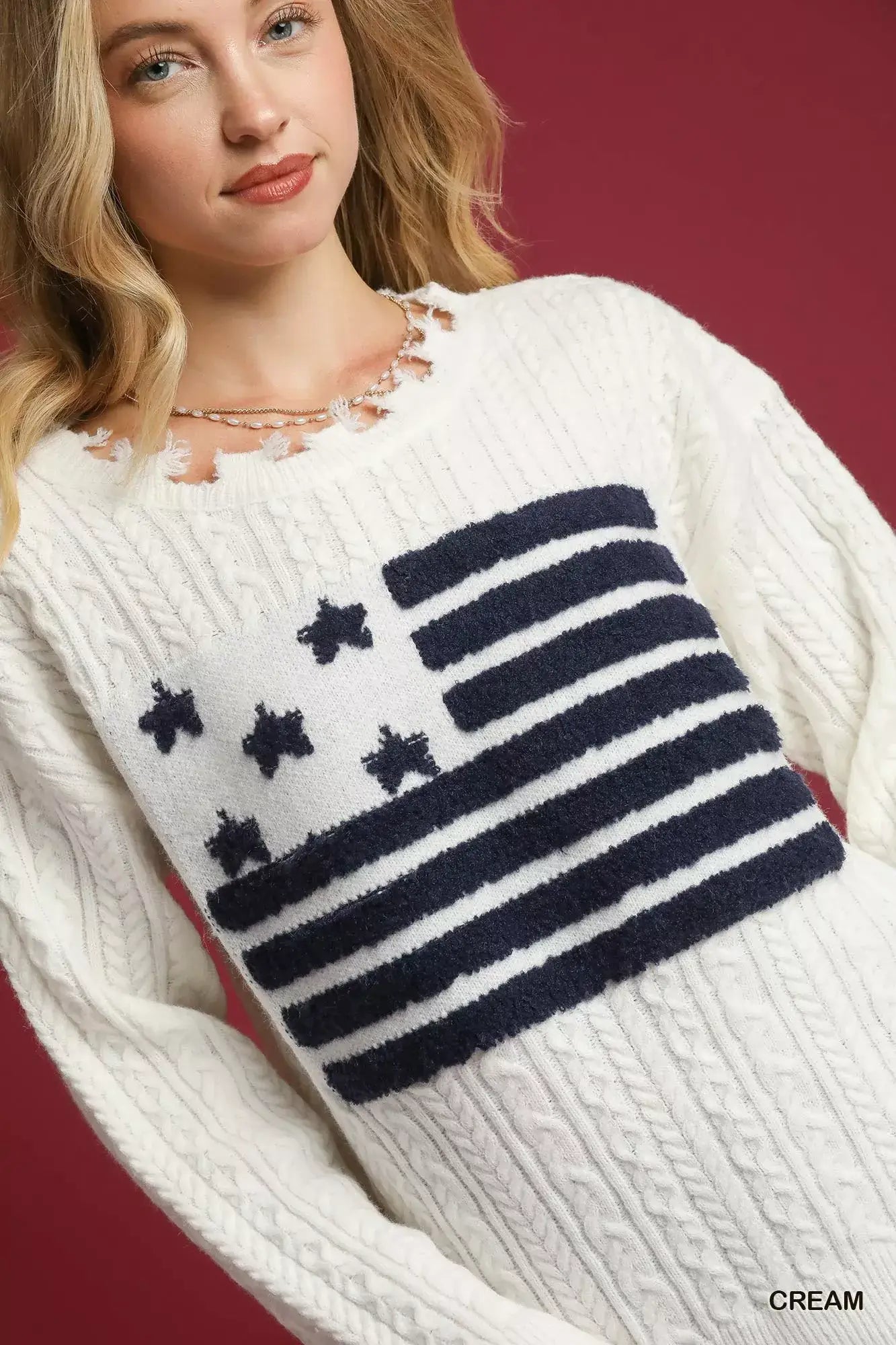 Umgee Distressed American Flag Sweater
