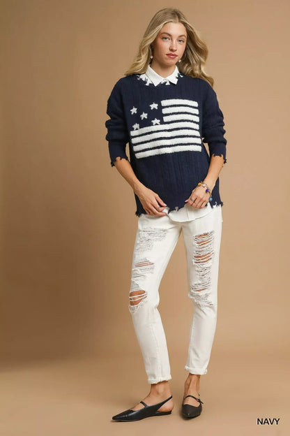Umgee Distressed American Flag Sweater