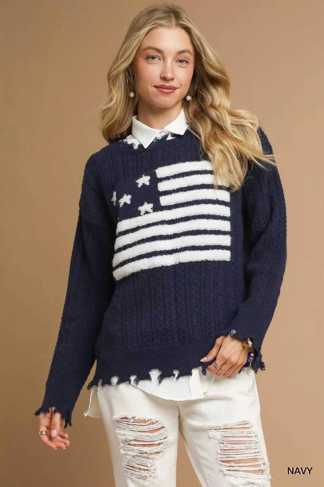 Umgee Distressed American Flag Sweater - Navy / S
