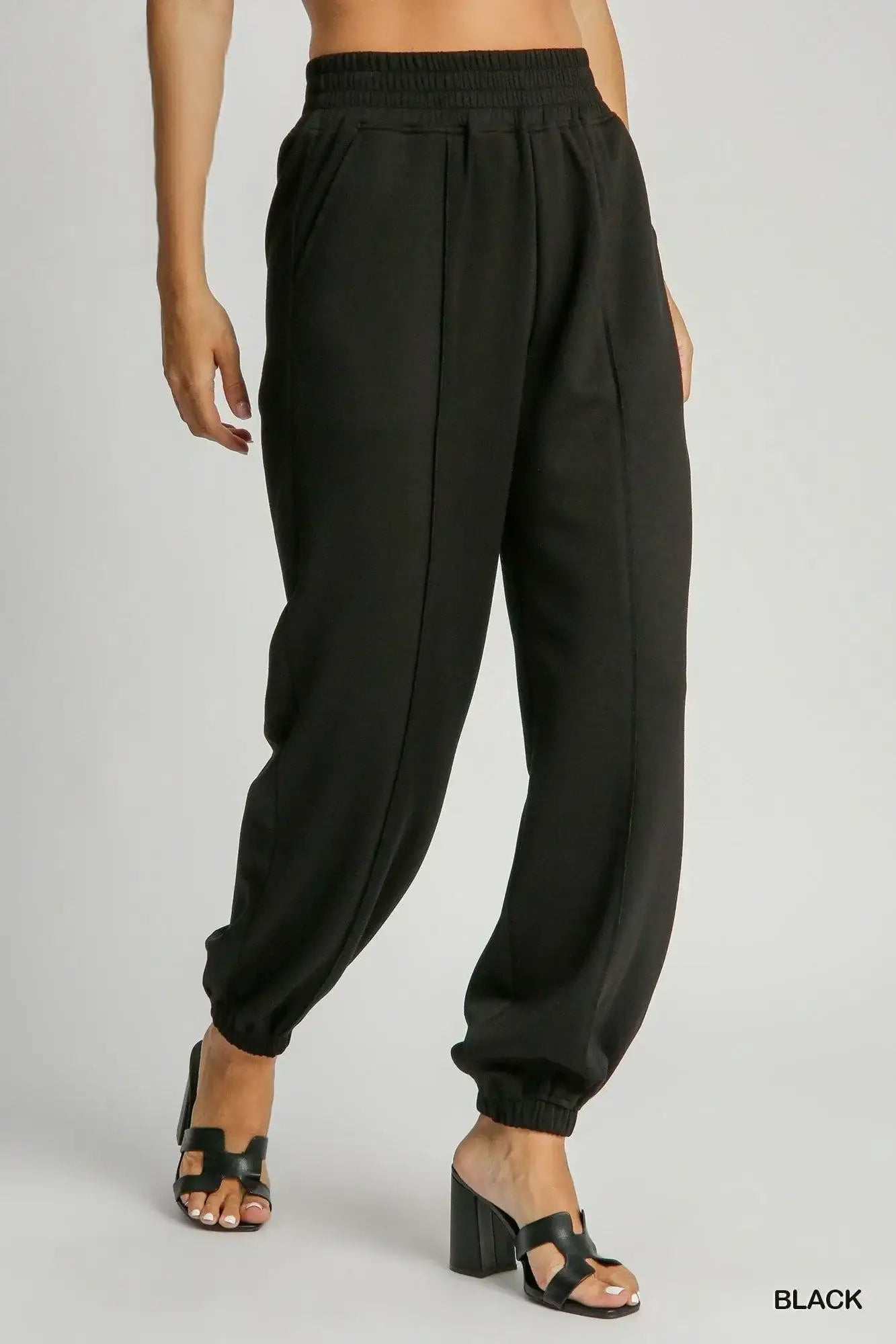 Umgee Drawstring Jogger Pants with Front Seam Detail - Black / S
