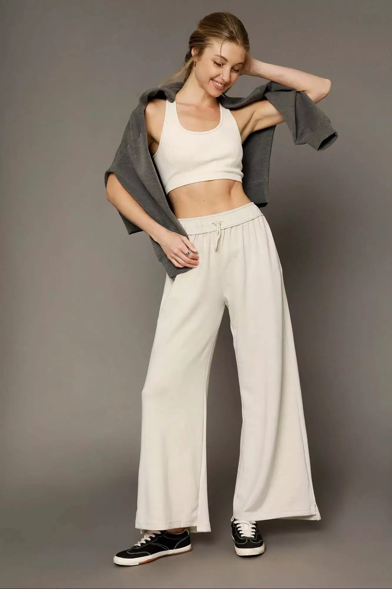 Umgee Elastic Drawstring Waistband Wide Leg Pants - Wide Leg Pants