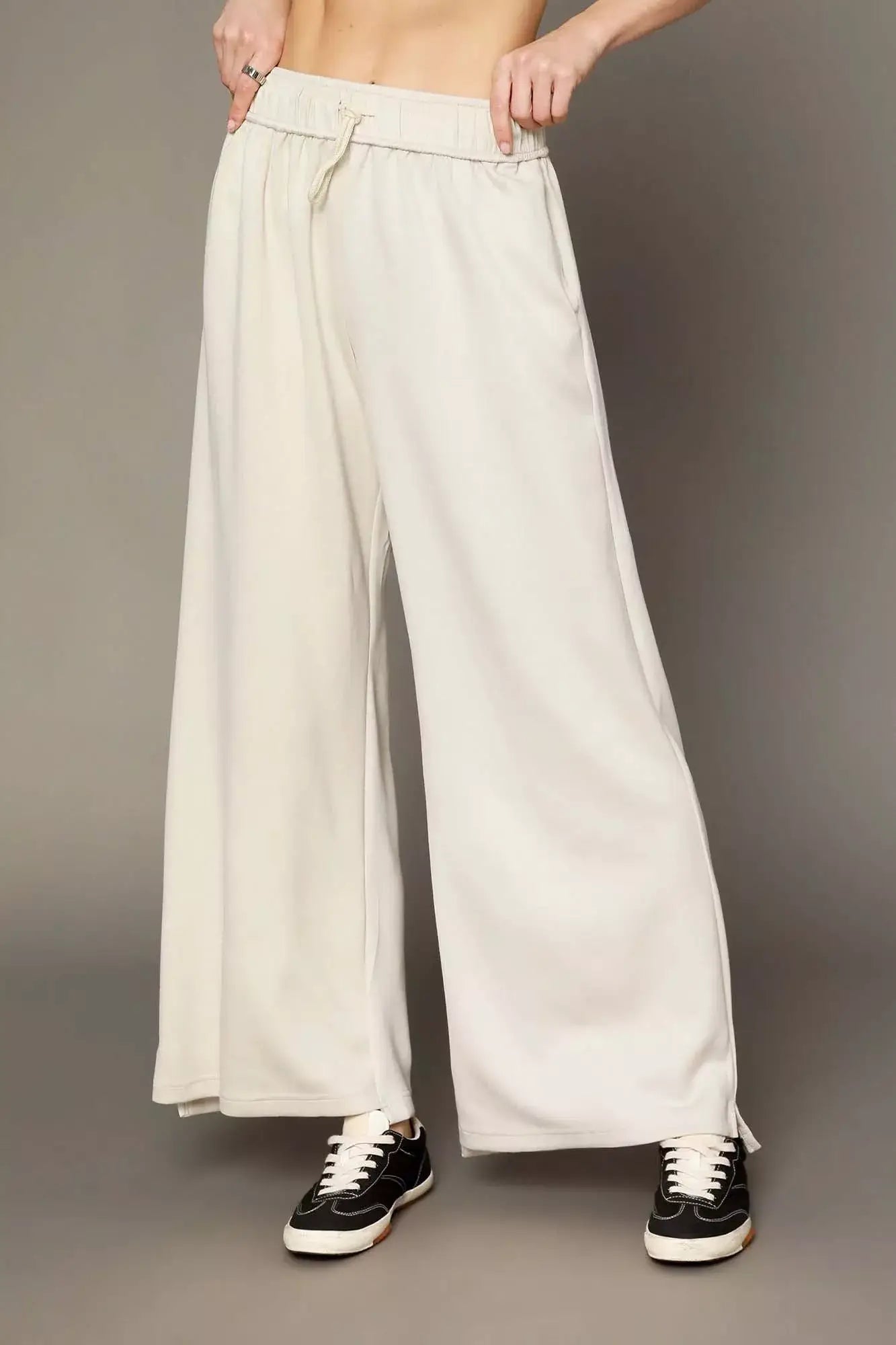 Umgee Elastic Drawstring Waistband Wide Leg Pants - ECRU / S - Wide Leg Pants