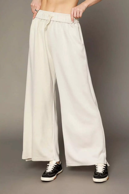 Umgee Elastic Drawstring Waistband Wide Leg Pants - ECRU / S - Wide Leg Pants