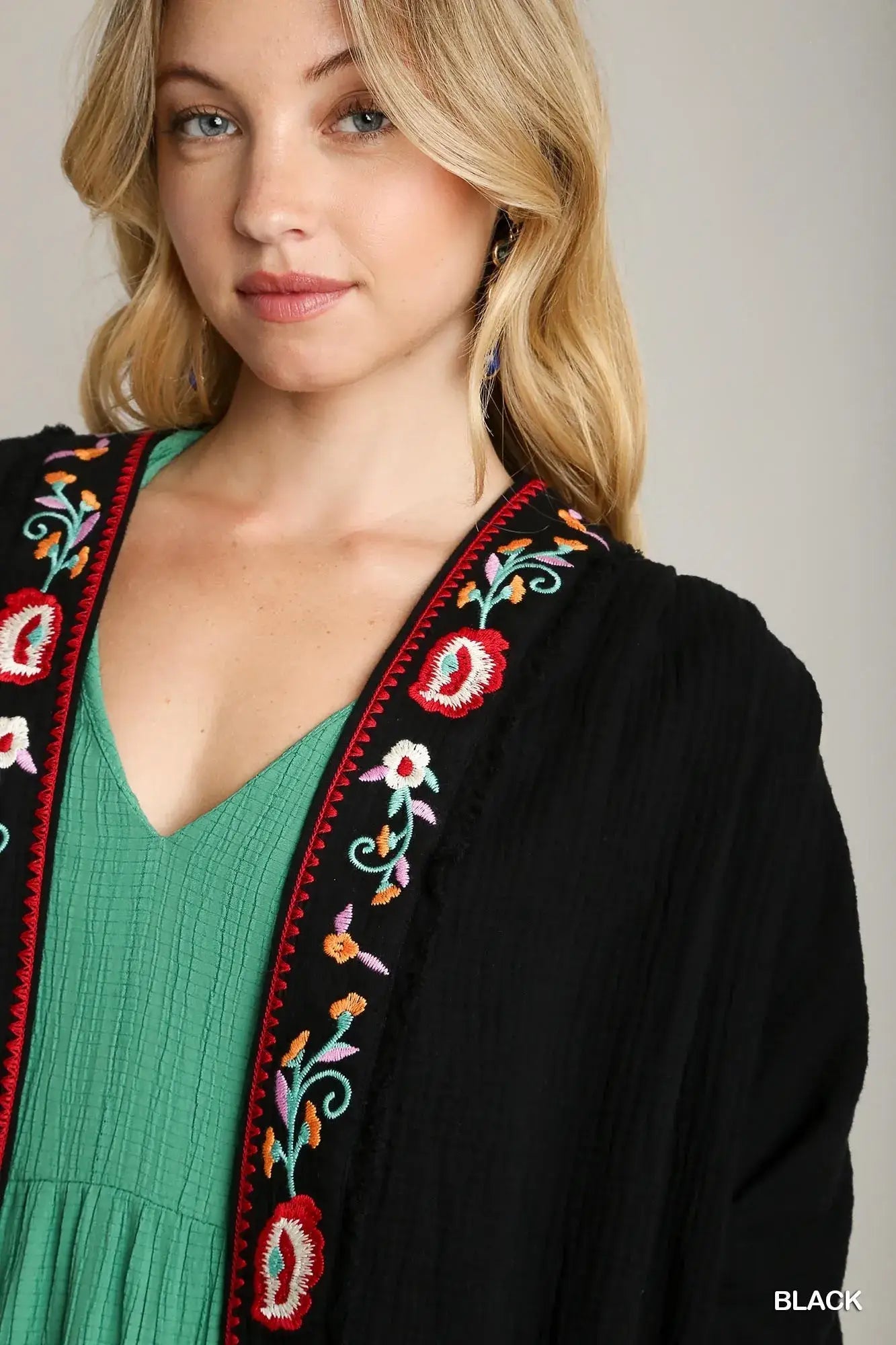 Umgee Embroidery Open Front Kimono with Pleated Shoulder Detail