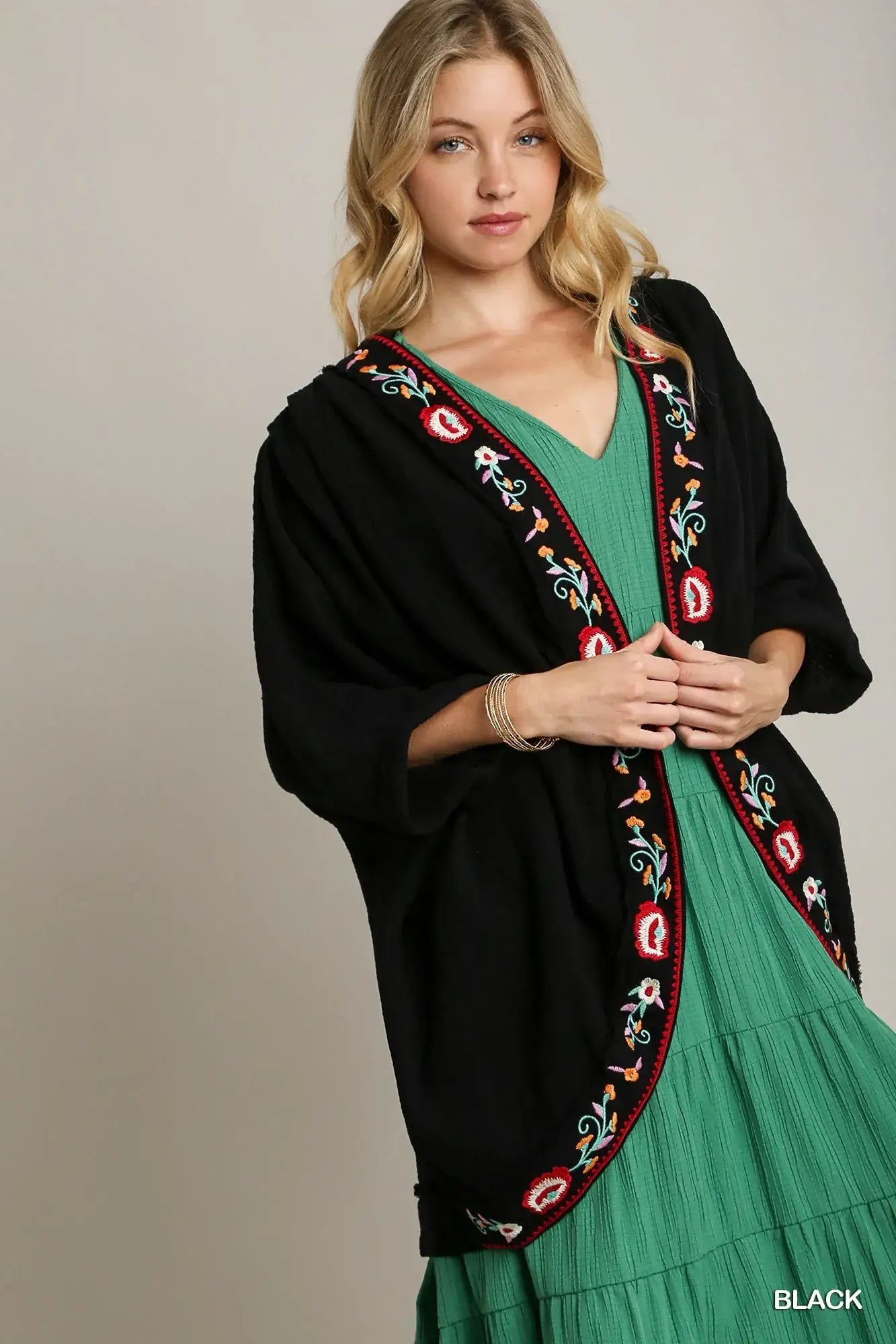 Umgee Embroidery Open Front Kimono with Pleated Shoulder Detail