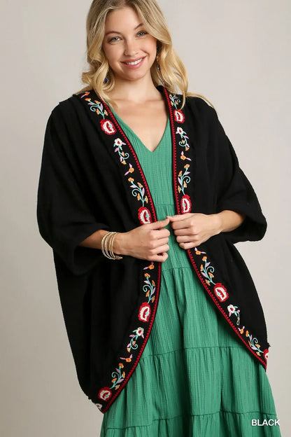 Umgee Embroidery Open Front Kimono with Pleated Shoulder Detail - Black / S/M