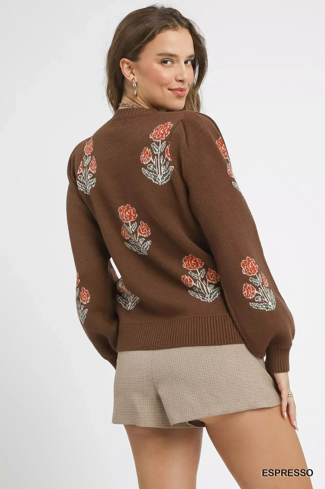 Umgee Floral Knit Sweater with Puff Sleeves