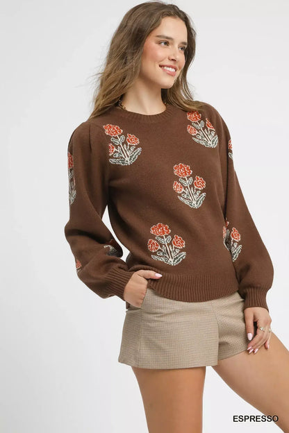 Umgee Floral Knit Sweater with Puff Sleeves