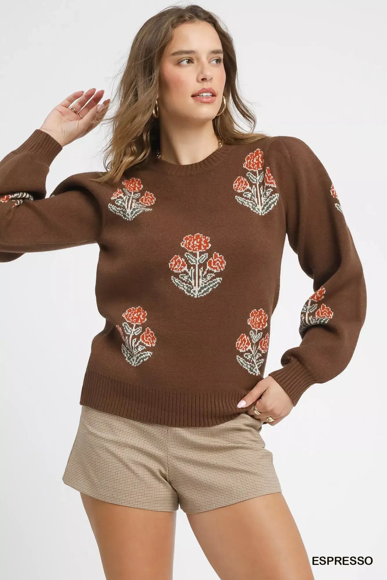 Umgee Floral Knit Sweater with Puff Sleeves - ESPRESSO / S