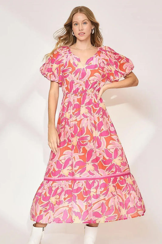 Umgee Floral Notched Puff Sleeve Midi Dress - Fuchsia Pink / S - dress