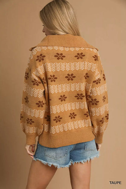 Umgee Floral Patterned Jacquard Quarter-Zip Pullover Sweater