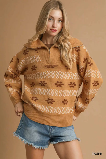 Umgee Floral Patterned Jacquard Quarter-Zip Pullover Sweater - TAUPE / S