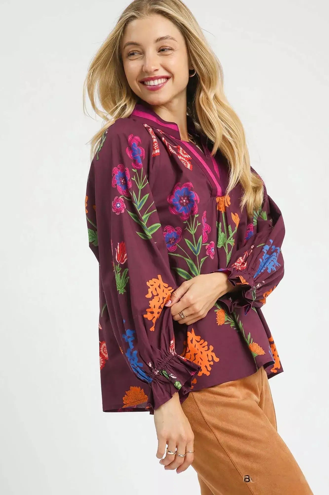 Umgee Floral Print Flounce Sleeve Blouse