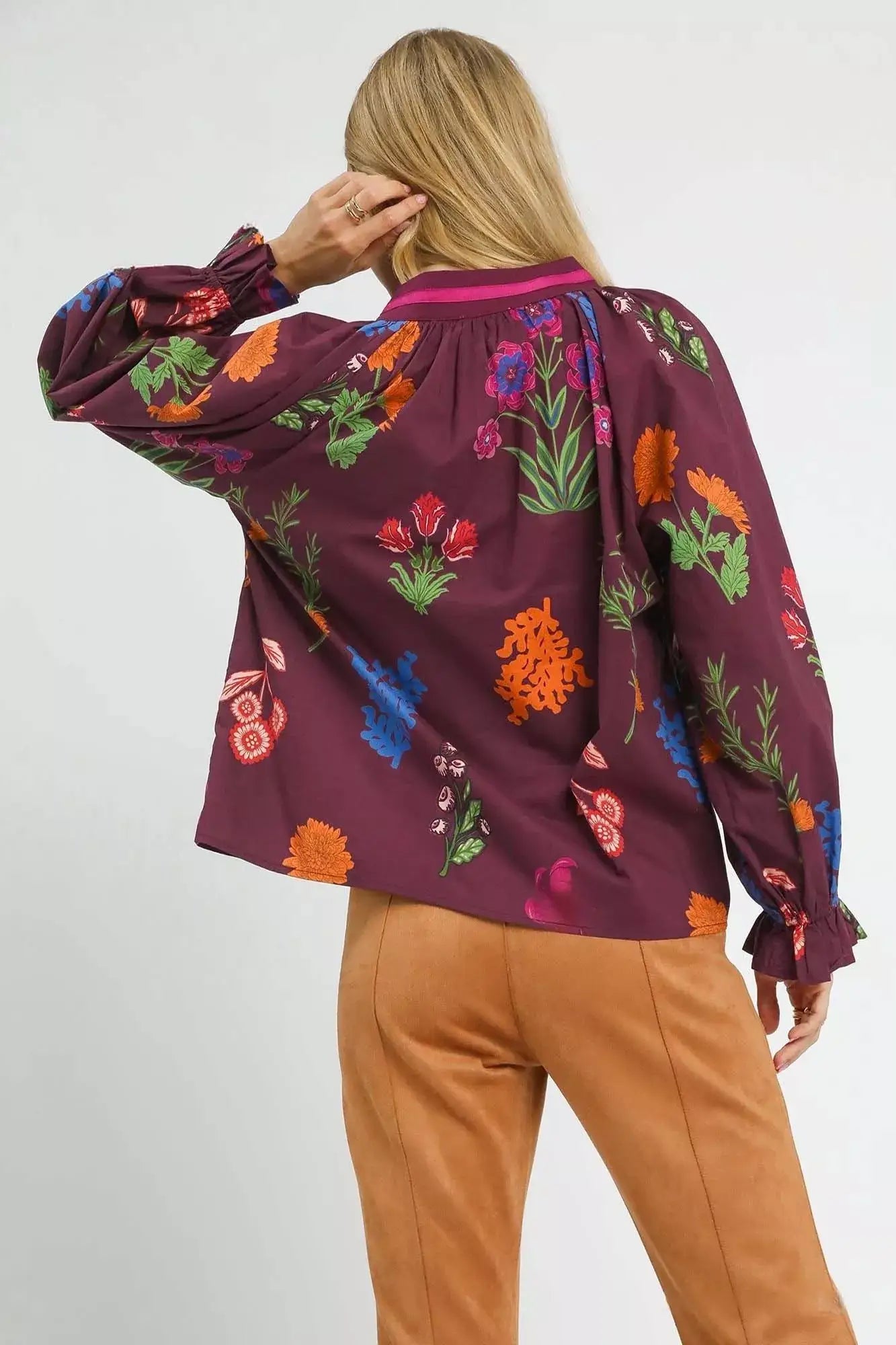 Umgee Floral Print Flounce Sleeve Blouse