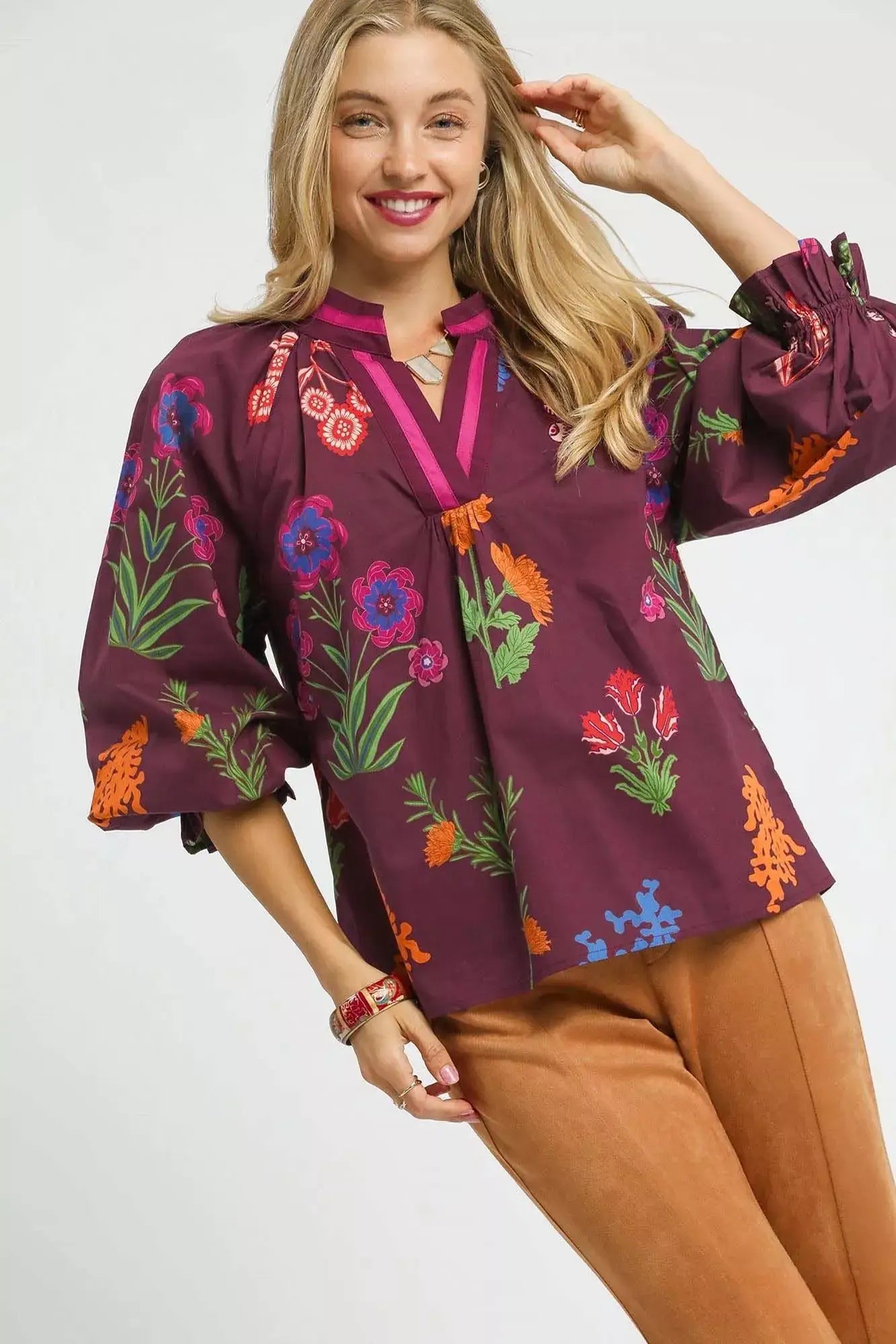 Umgee Floral Print Flounce Sleeve Blouse - BURGUNDY MIX / S