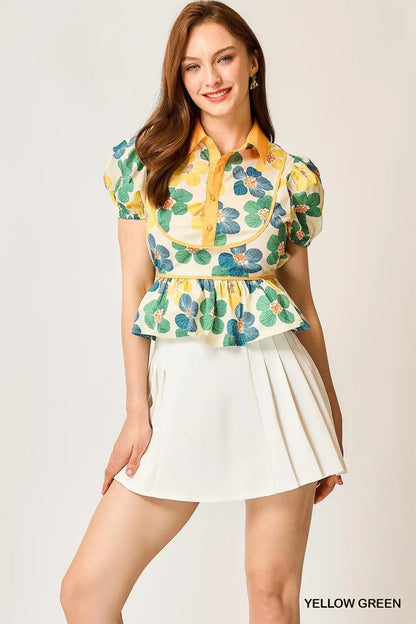 Umgee Floral Print Puff Sleeve Cropped Blouse - YELLOW/GREEN / S - Cropped Blouse