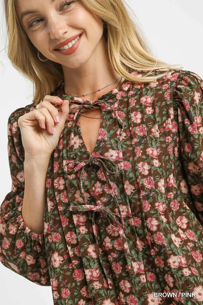 Umgee Floral Tie-Neck Babydoll Dress - Babydoll Dress