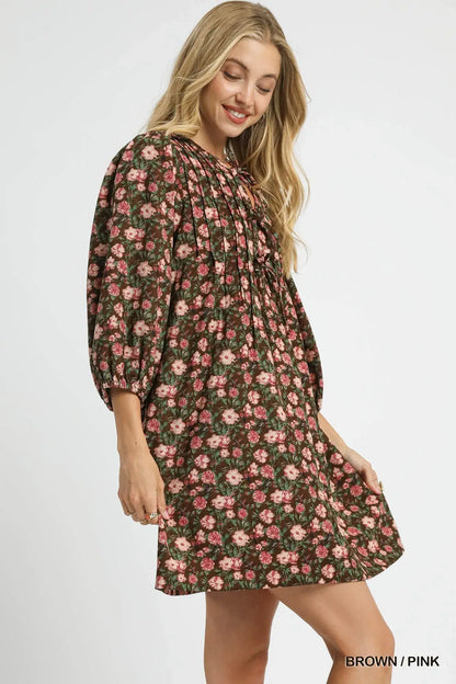 Umgee Floral Tie-Neck Babydoll Dress - Babydoll Dress