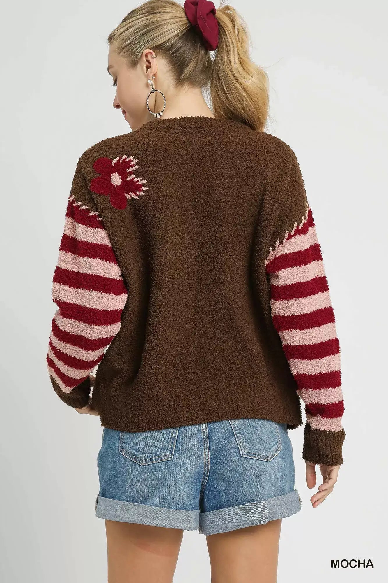 Umgee Flower Jacquard Striped Long Sleeve Sweater - Long Sleeve Sweater