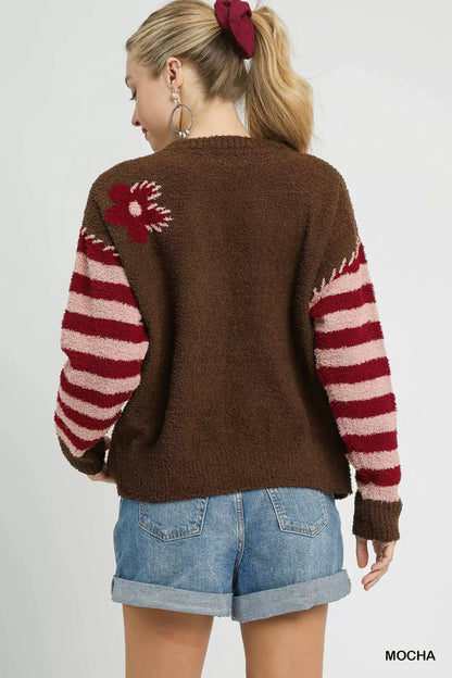 Umgee Flower Jacquard Striped Long Sleeve Sweater - Long Sleeve Sweater