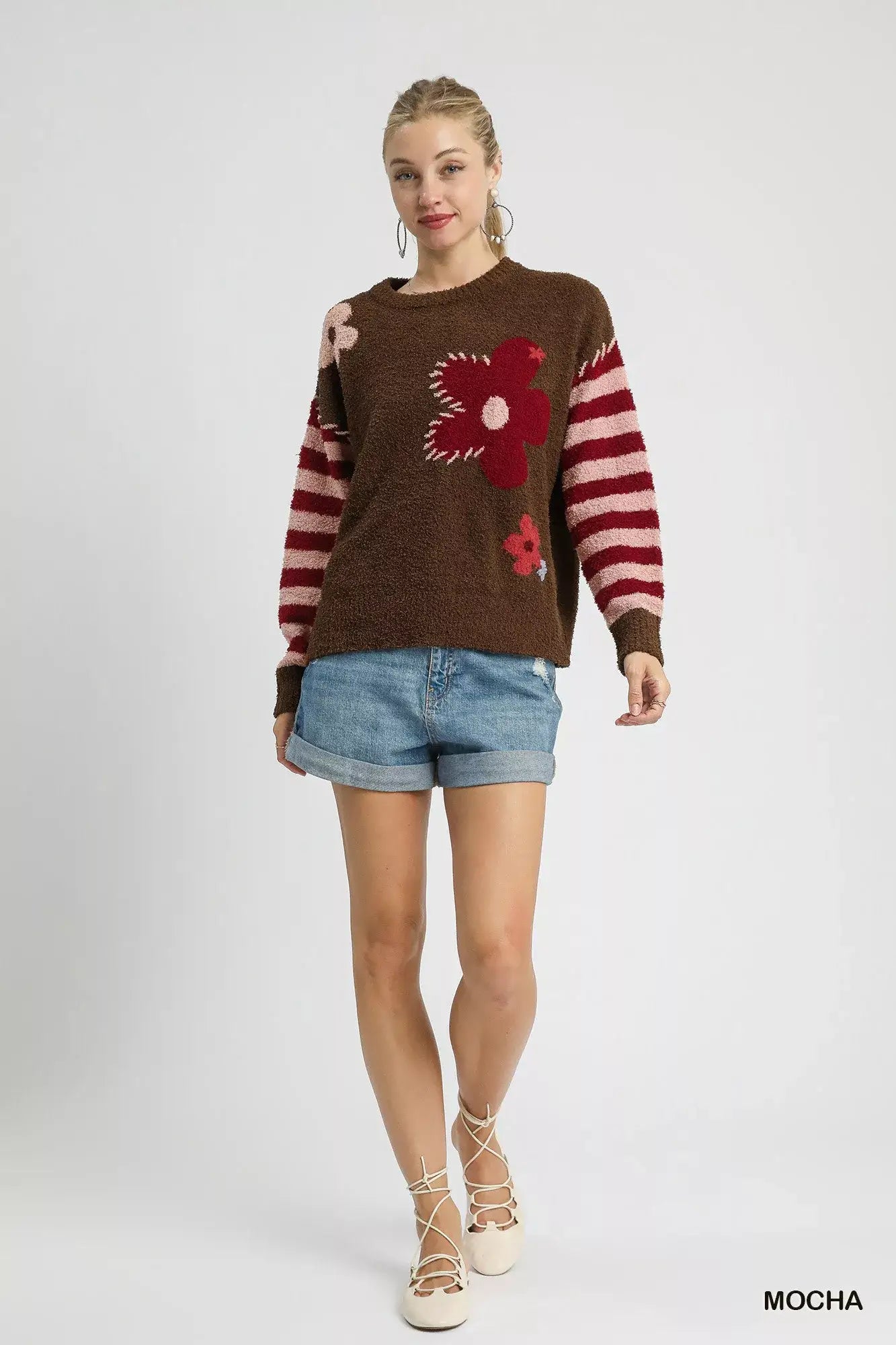 Umgee Flower Jacquard Striped Long Sleeve Sweater - Long Sleeve Sweater