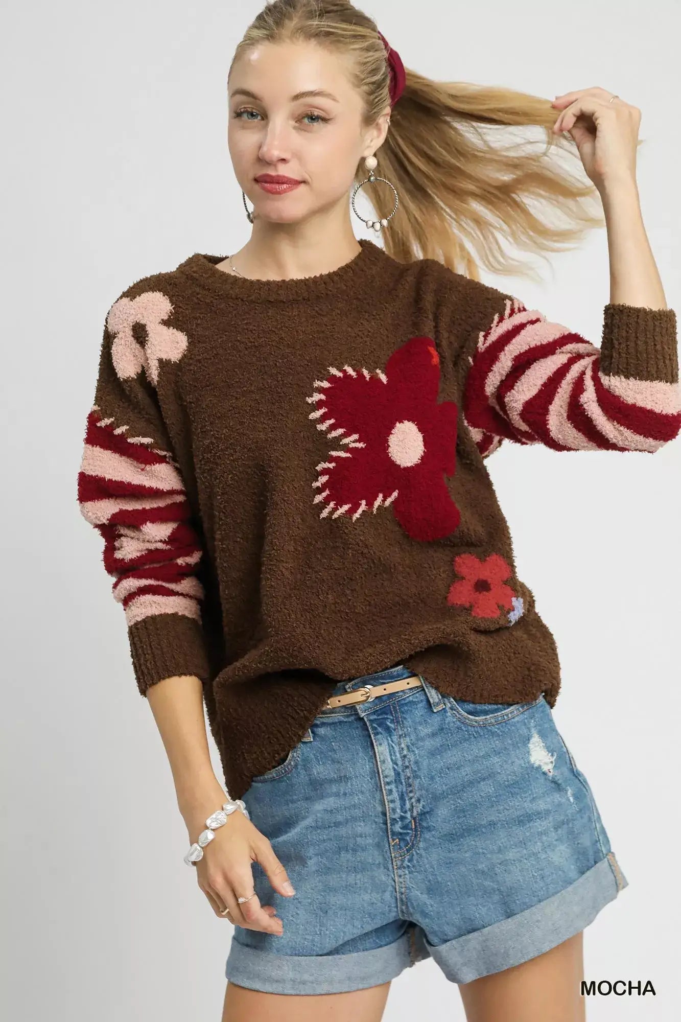 Umgee Flower Jacquard Striped Long Sleeve Sweater - Mocha / S - Long Sleeve Sweater