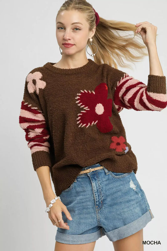 Umgee Flower Jacquard Striped Long Sleeve Sweater - Mocha / S - Long Sleeve Sweater