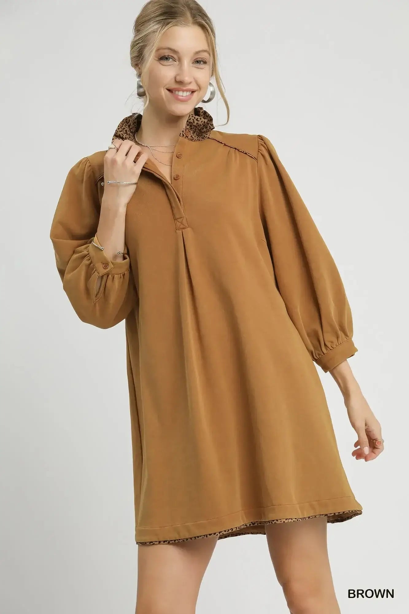 Umgee French Terry Balloon Sleeve Shift Dress with Leopard Print Detail - Brown / S - Dress with Leopard Print Detail