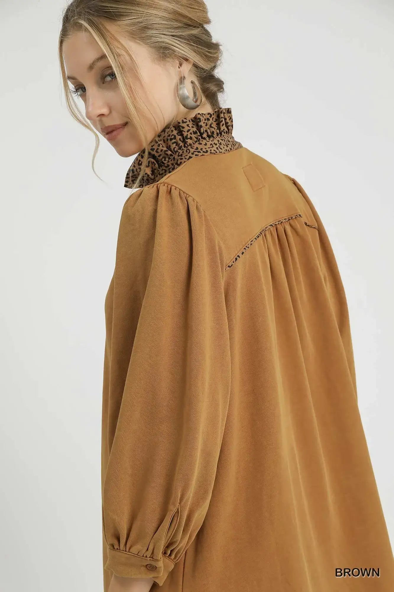 Umgee French Terry Balloon Sleeve Shift Dress with Leopard Print Detail - Dress with Leopard Print Detail