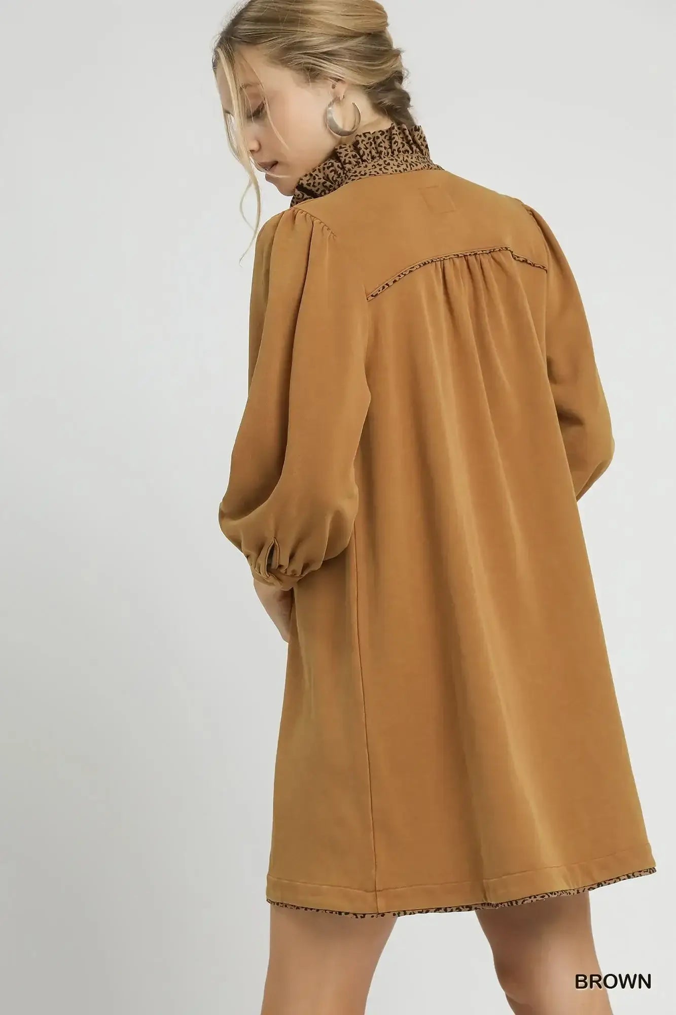 Umgee French Terry Balloon Sleeve Shift Dress with Leopard Print Detail - Dress with Leopard Print Detail