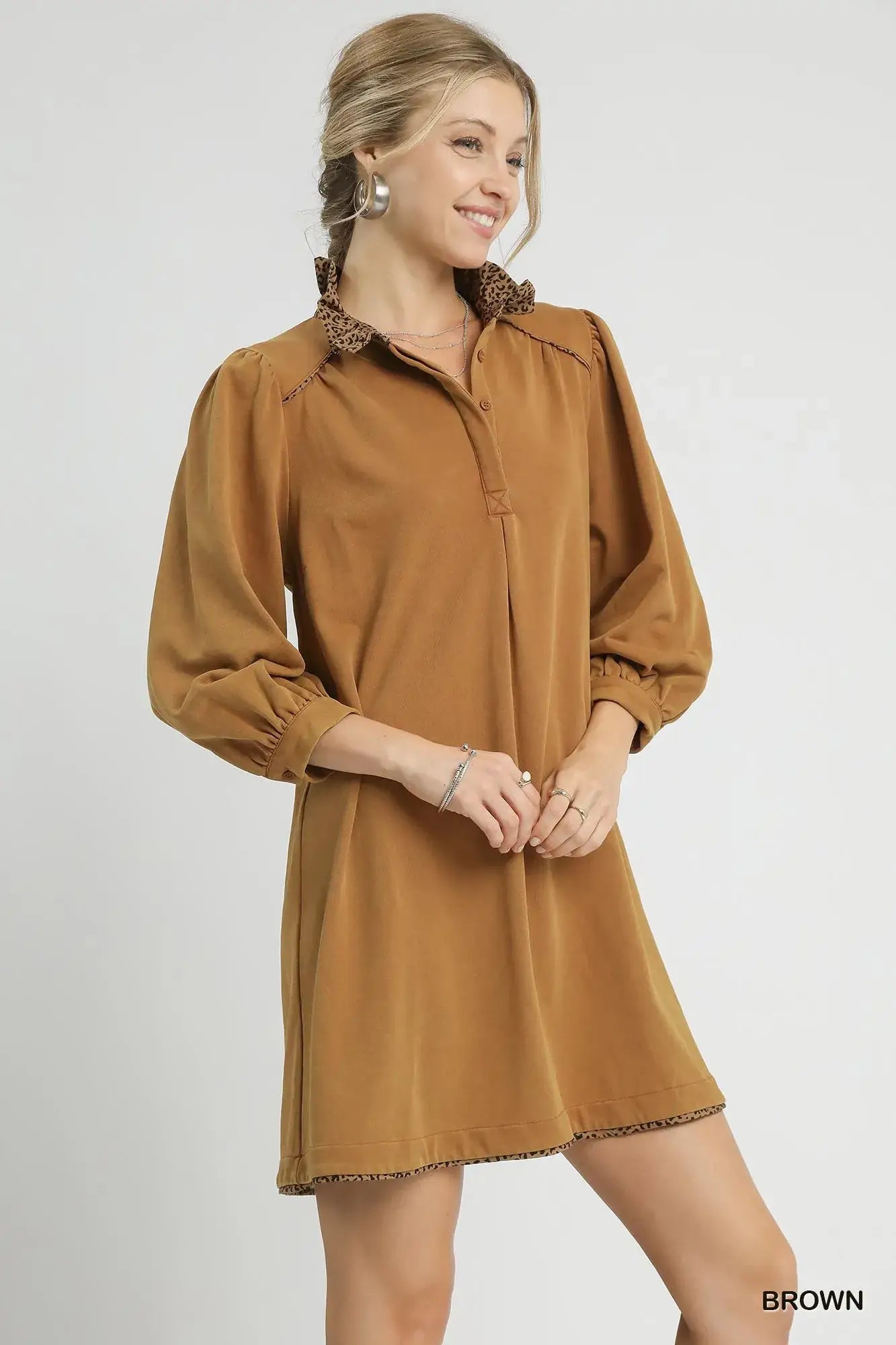 Umgee French Terry Balloon Sleeve Shift Dress with Leopard Print Detail - Dress with Leopard Print Detail