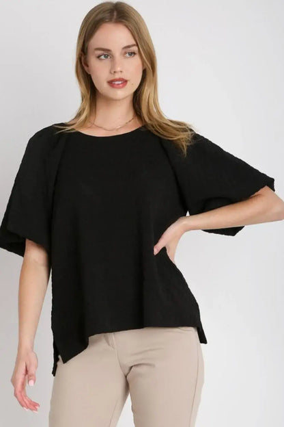 Umgee Full Size Boxy Cut Jacquard Round Neck Top with Side Slit Plus Size - Black / S