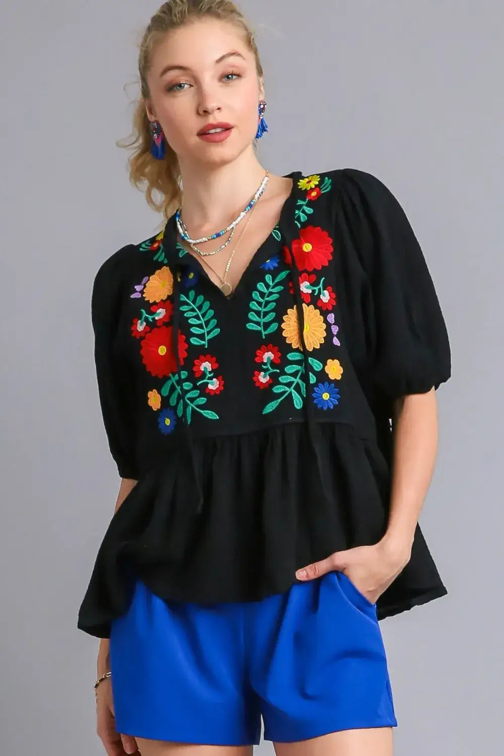 Umgee Full Size Cotton Gauze Floral Embroidery Babydoll Blouse Plus Size - Black / S